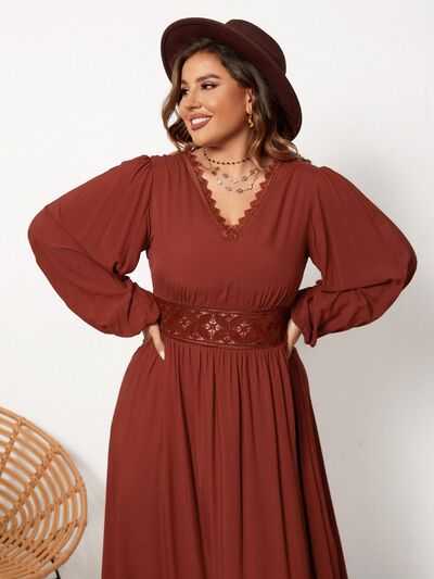 swvws Plus Size Lace Detail V-Neck Balloon Sleeve Dress