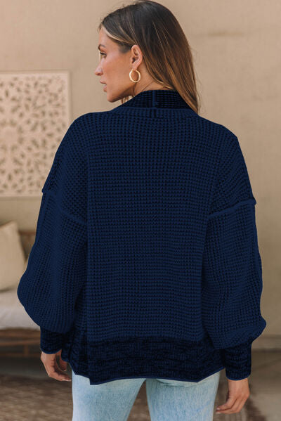 swvws Waffle-knit Pocketed Open Front Cardigan