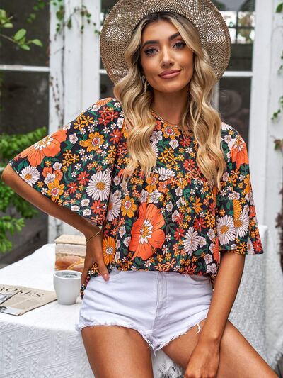 swvws Printed Round Neck Half Sleeve Blouse