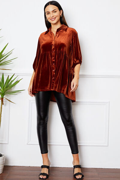 swvws Velvet Tiered Button Up Collared Neck Shirt