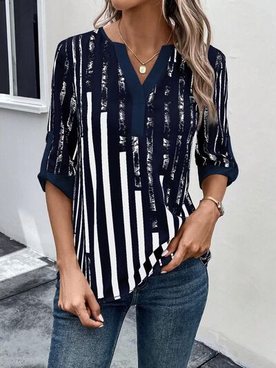 swvws Striped Notched Half Sleeve Blouse