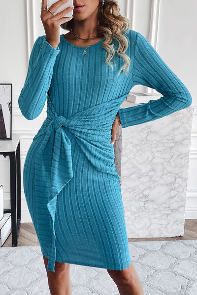 swvws Ribbed Tied Long Sleeve Wrap Dress