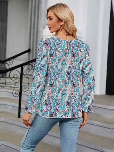 swvws Printed Round Neck Flounce Sleeve Blouse