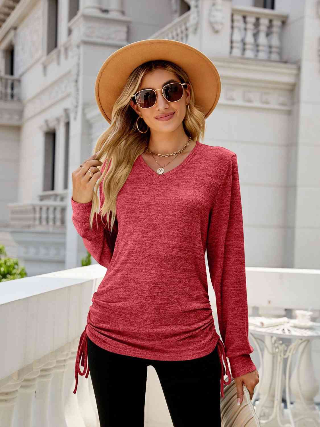 swvws Drawstring V-Neck Long Sleeve T-Shirt