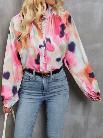 swvws Printed Mock Neck Balloon Sleeve Shirt