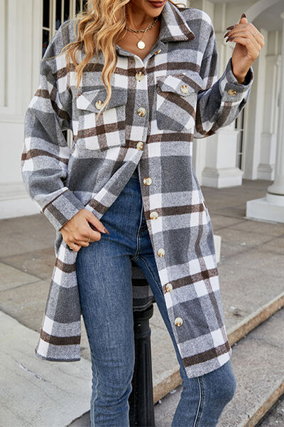 swvws Plaid Button Up Collared Neck Coat with Pockets