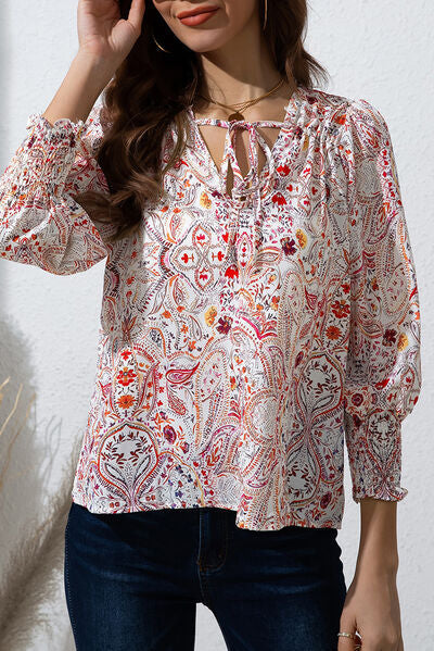 swvws Printed Tie Neck Long Sleeve Blouse