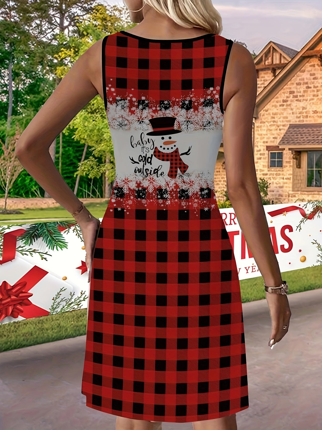 3D Christmas Snowman Print Plaid Sleeveless Dress For Women, Breathable Casual Dress For Spring/Summer