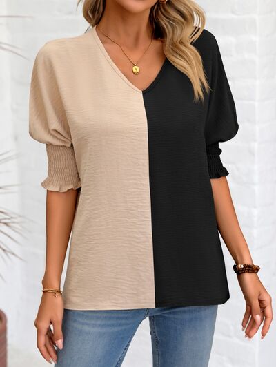 swvws Contrast V-Neck Lantern Sleeve Blouse