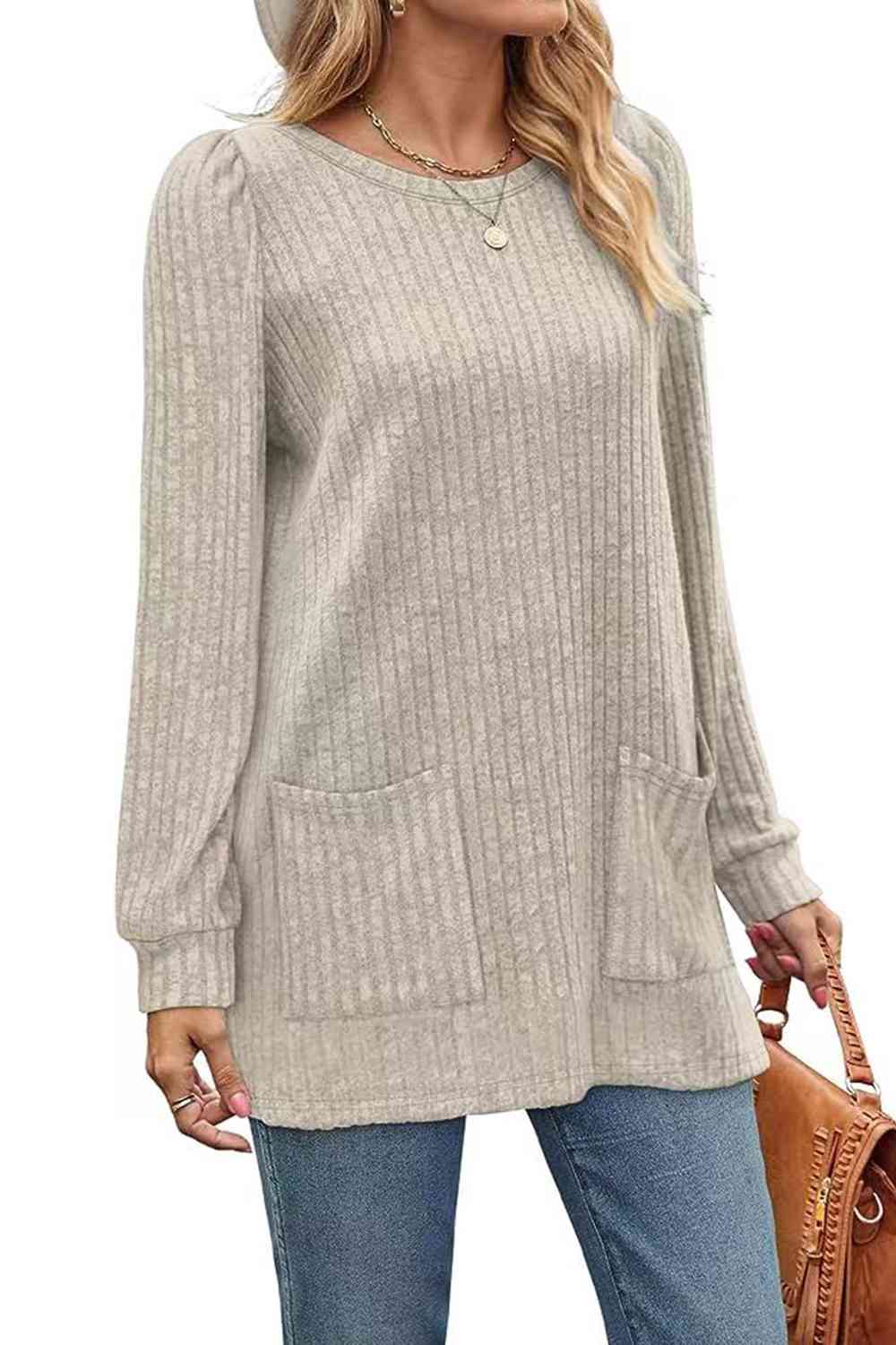 swvws Ribbed Round Neck Long Sleeve T-Shirt