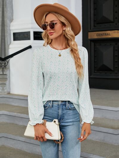 swvws Printed Round Neck Flounce Sleeve Blouse