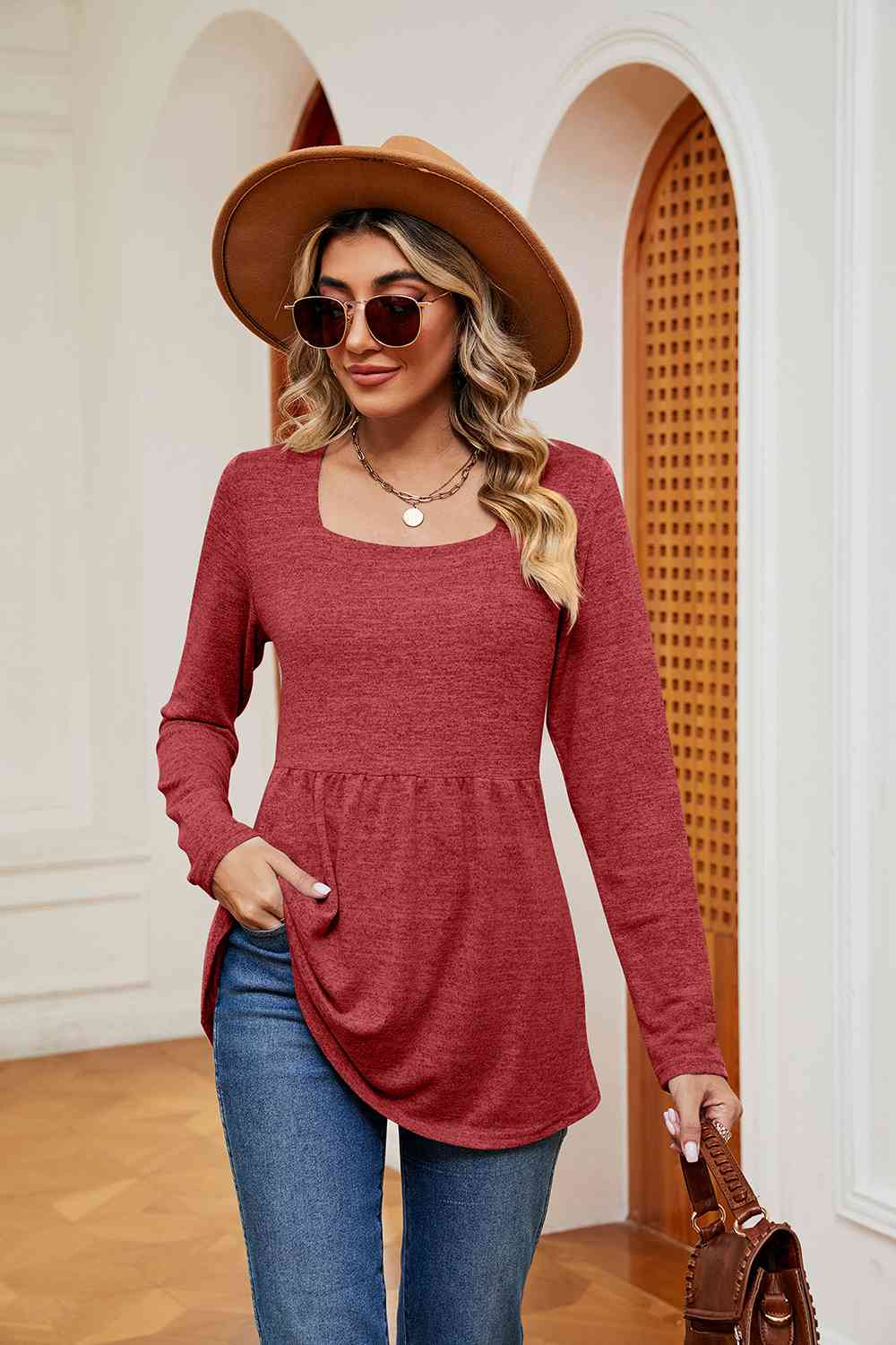 swvws Square Neck Long Sleeve Peplum Top