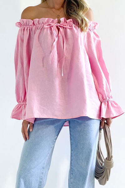 swvws Drawstring Off-Shoulder Flounce Sleeve Blouse