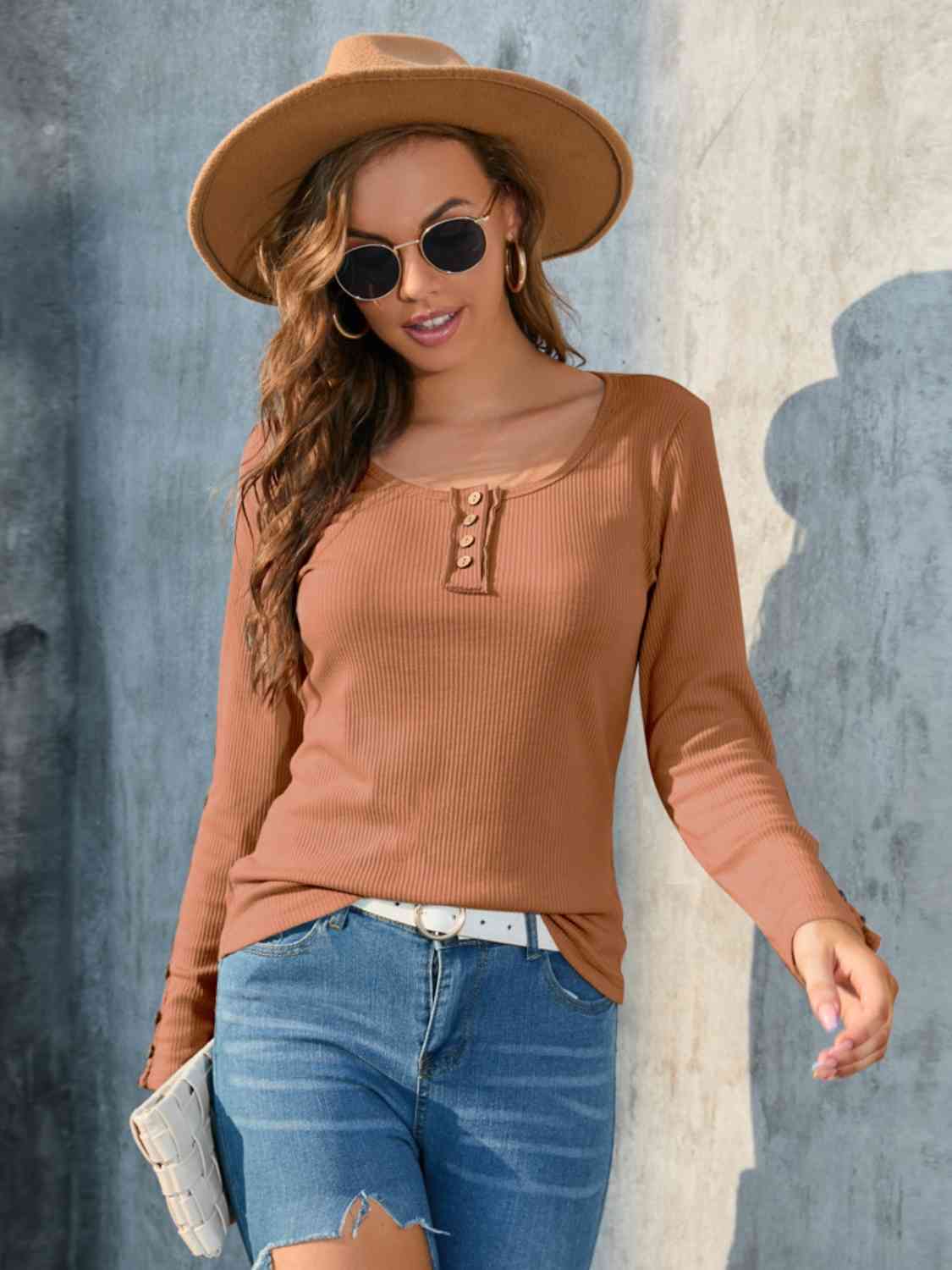 swvws Buttoned Round Neck Long Sleeve T-Shirt