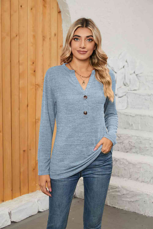 swvws Notched Neck Long Sleeve T-Shirt