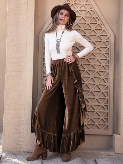 swvws Ruffle Trim Wide Leg Slit Pants