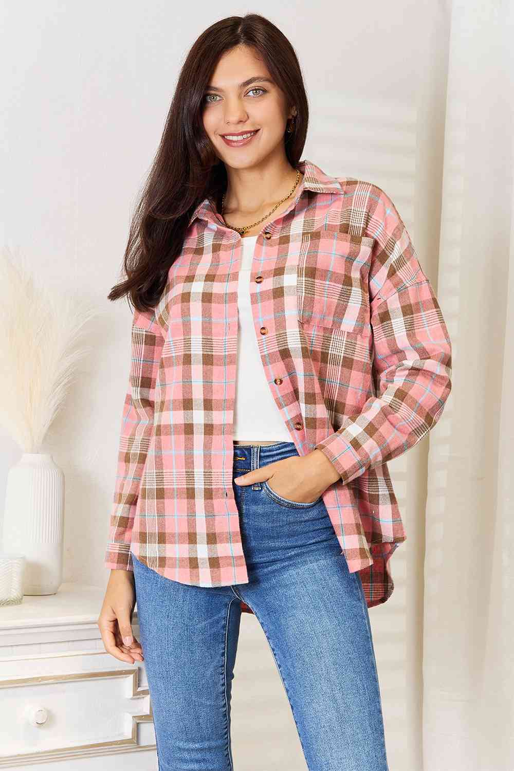 swvws Double Take Plaid Collared Neck Long Sleeve Button-Up Shirt