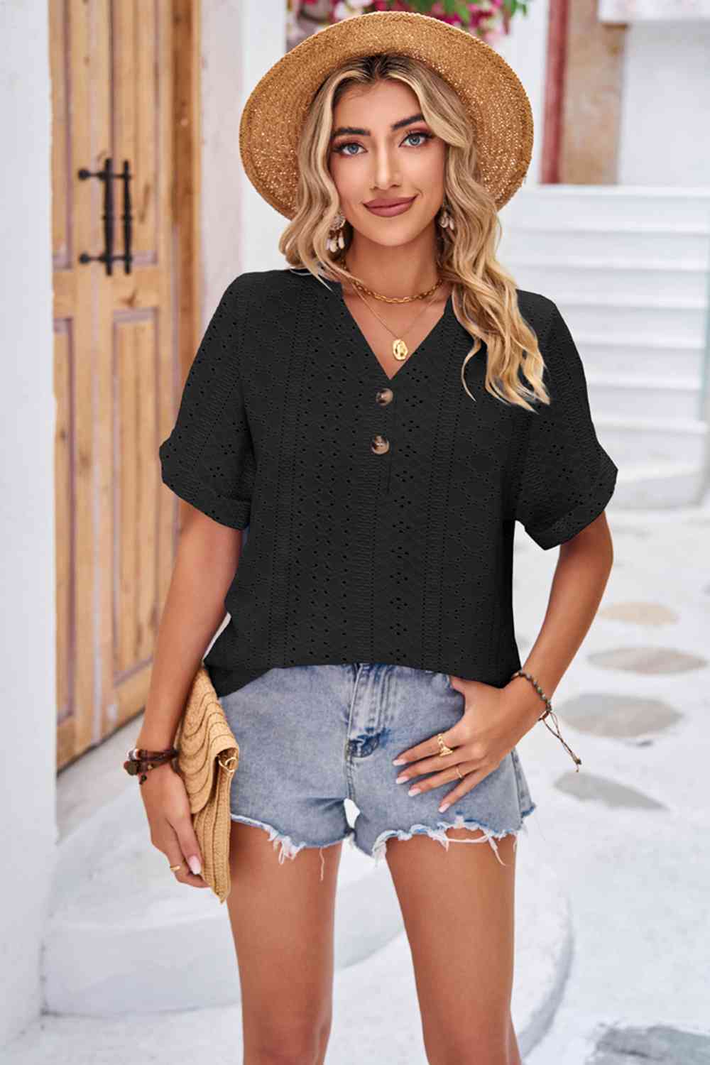 swvws Buttoned Notched Neck Eyelet Top