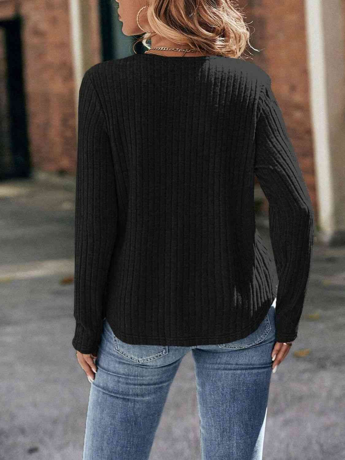 swvws Round Neck Ribbed Long Sleeve T-Shirt