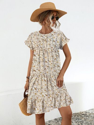 swvws Frill Floral Round Neck Short Sleeve Tiered Dress