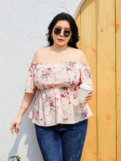 swvws Plus Size Frill Printed Flutter Sleeve Blouse