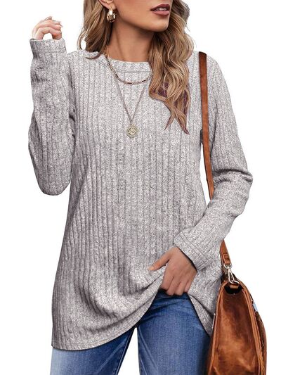 swvws Ribbed Round Neck Long Sleeve Blouse