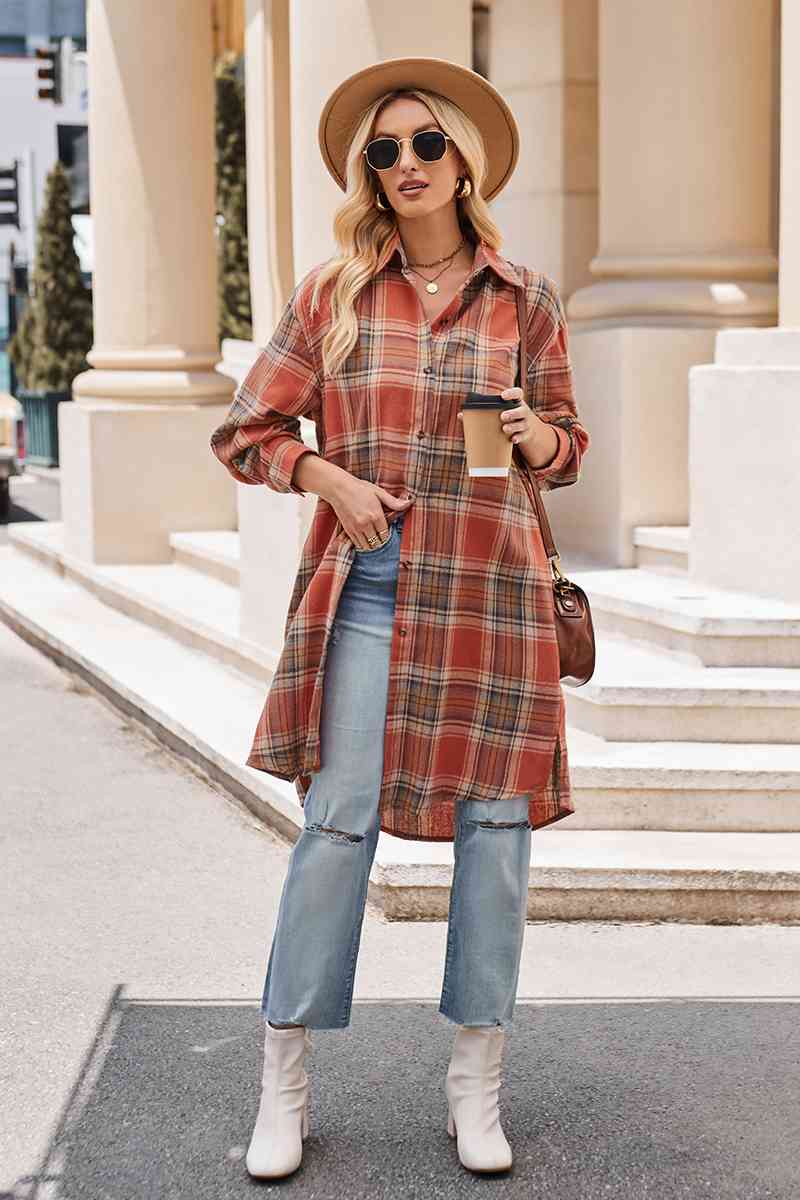 swvws Plaid Collared Neck Long Sleeve Coat