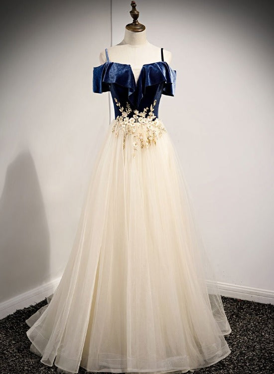 Tmallworld Light Champagne Tulle with Blue Velvet Long Party Dress Formal Dress, A-line Prom Dress