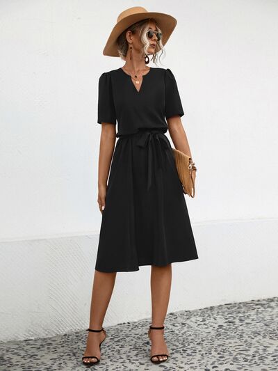 swvws Tied Notched Short Sleeve Dress