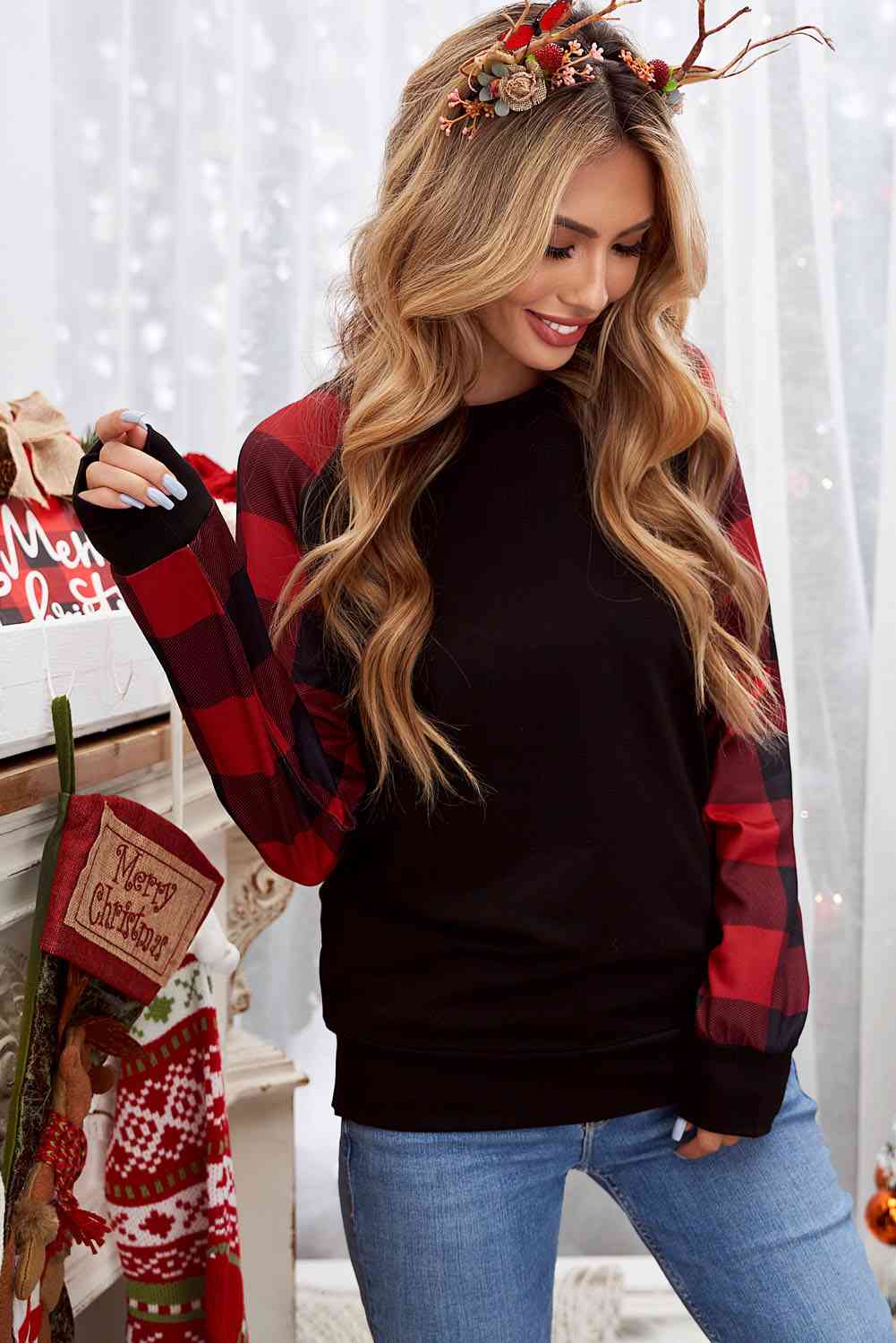 swvws Christmas Buffalo Plaid Long Sleeve Sweatshirt