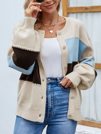 swvws Color Block Button Up Lantern Sleeve Cardigan