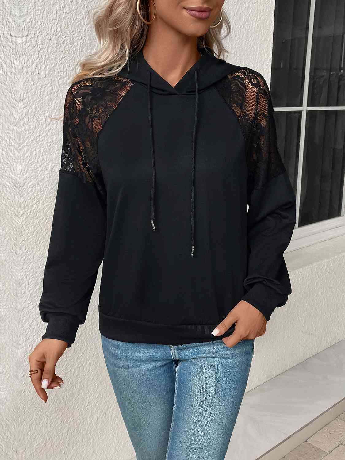 swvws Lace Detail Drawstring Long Sleeve Hoodie