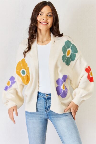 swvws J.NNA Open Front Flower Pattern Long Sleeve Sweater Cardigan