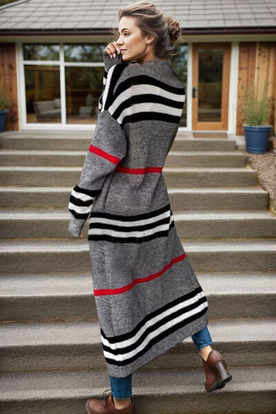 swvws Striped Open Front Long Sleeve Longline Sweater Cardigan