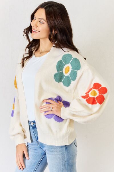 swvws J.NNA Open Front Flower Pattern Long Sleeve Sweater Cardigan