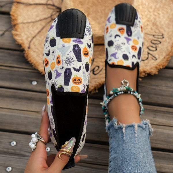 swvws - Halloween Cream White Casual Patchwork Printing Round Comfortable Flats Shoes