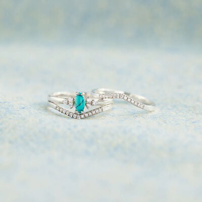 swvws Artificial Turquoise V Shape Inlaid Zircon Ring