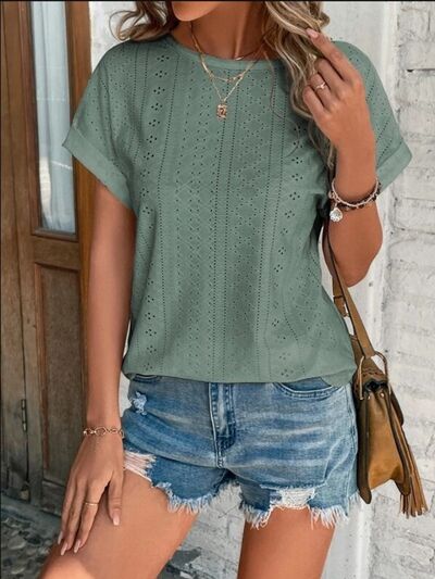 swvws Eyelet Round Neck Short Sleeve T-Shirt