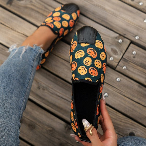 swvws - Halloween Cream White Casual Patchwork Printing Round Comfortable Flats Shoes