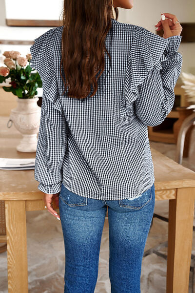 swvws Plaid Notched Flounce Sleeve Shirt