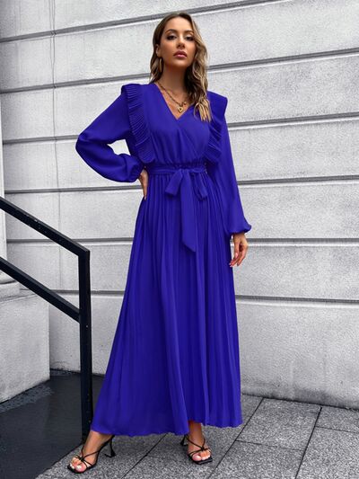 swvws Pleated Surplice Tie Waist Maxi Dress