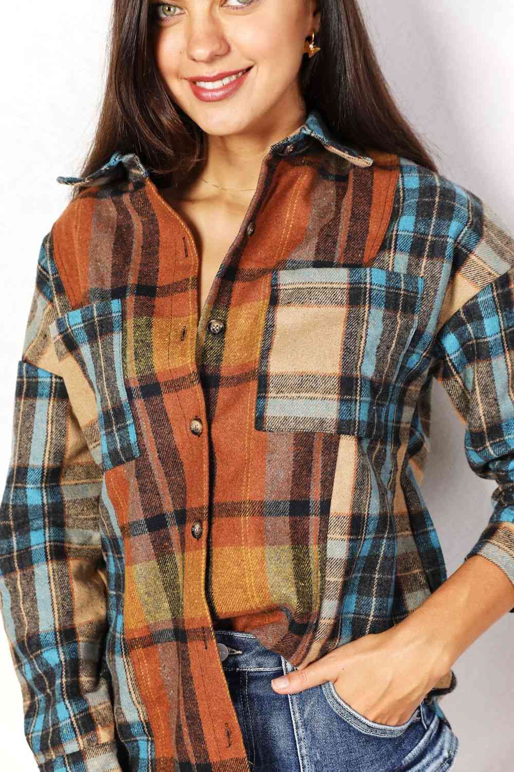 swvws Double Take Plaid Curved Hem Shirt Jacket with Breast Pockets