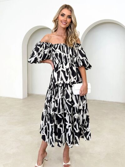 swvws Printed Smocked Off-Shoulder Tiered Dress