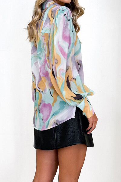 swvws Printed Button Up Lantern Sleeve Shirt