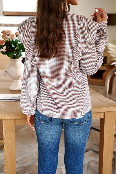 swvws Plaid Notched Flounce Sleeve Shirt