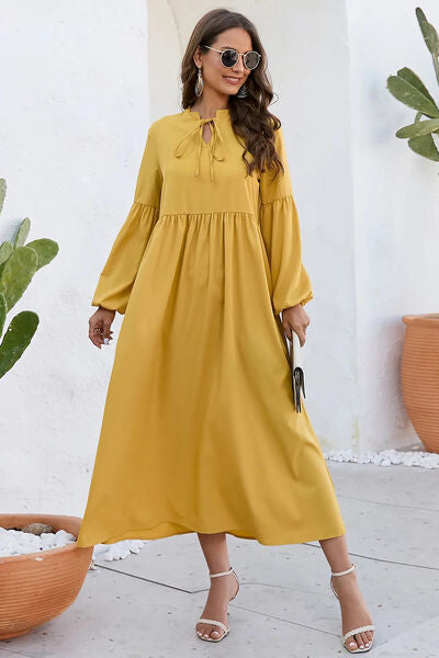 swvws Ruched Tie Neck Balloon Sleeve Midi Dress