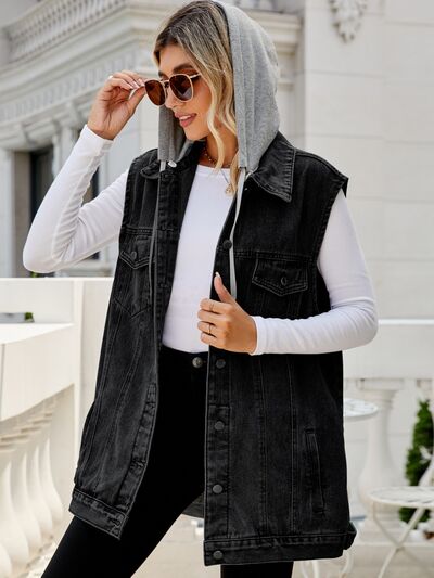 swvws Drawstring Pocketed Button Up Sleeveless Denim Jacket