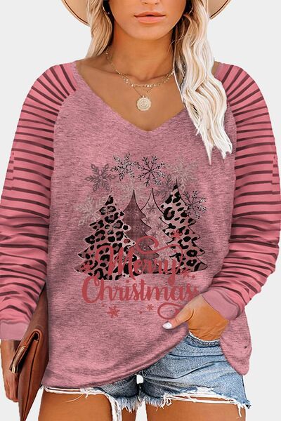 swvws Plus Size MERRY CHRISTMAS Striped Round Neck T-Shirt