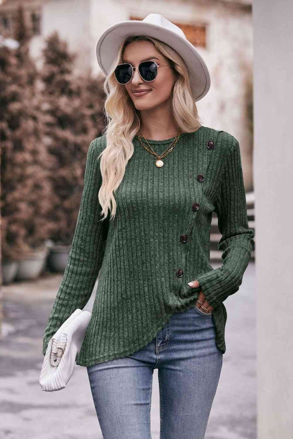 swvws Double Take Ribbed Round Neck Buttoned Long Sleeve Tee