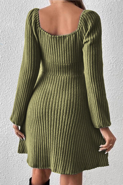 swvws Ribbed Tied Square Neck Long Sleeve Mini Dress